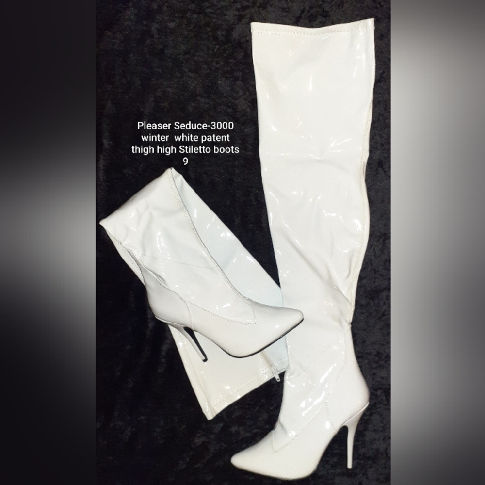 Pleaser Seducer-3000 White Patent Thigh High Boots 9
